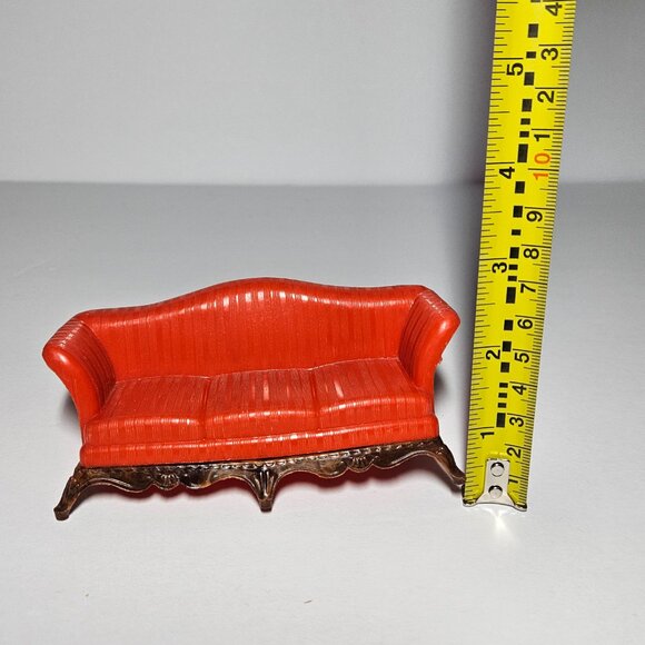 Vintage Renwal Plastic Dollhouse Davenport Couch Sofa Red w/Wood Detailing - Picture 3 of 9